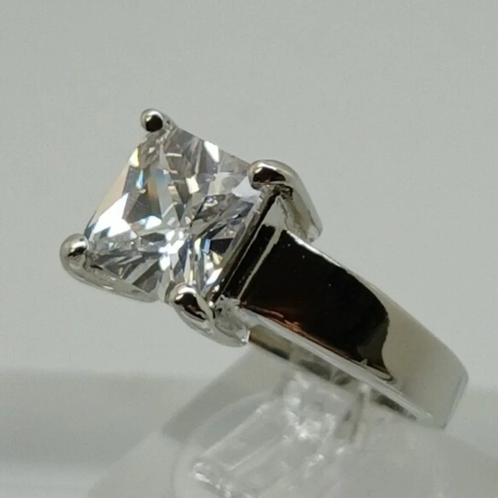 Vintage 90s Princess Cut Sim Diamond Solitaire Ring Silver Tone Wide Band Size 9